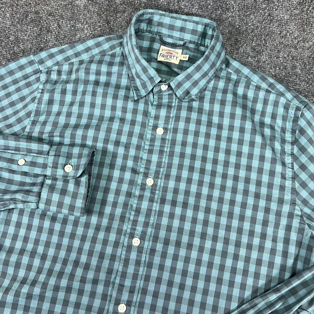 Faherty Brand Men's Supima Stretch LS Blue Teal Check Gingham Button Up Shirt M - Picture 1 of 15